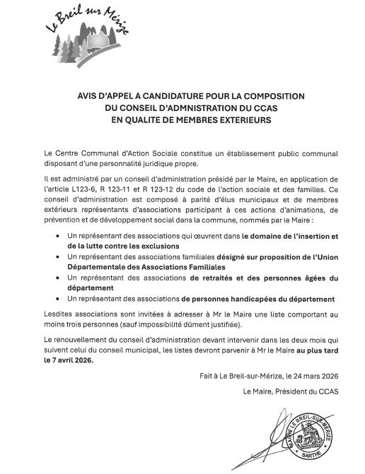 Avis d'appel à candidature aux associations pour le renouvellement des administrateurs nommés du CCAS